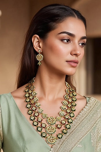 Gold Finish Green Semi-Precious Stone & Kundan Polki Long Necklace Set