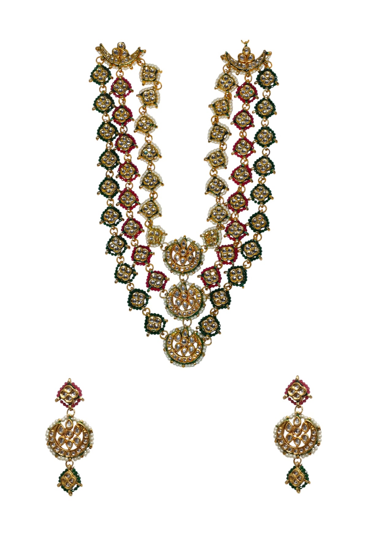 Gold Finish Green Semi-Precious Stone & Kundan Polki Long Necklace Set