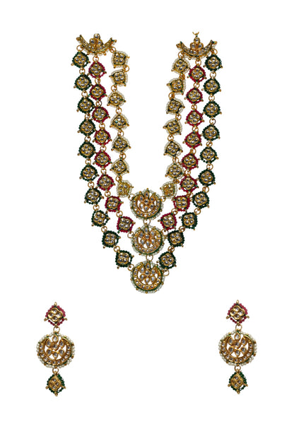 Gold Finish Green Semi-Precious Stone & Kundan Polki Long Necklace Set