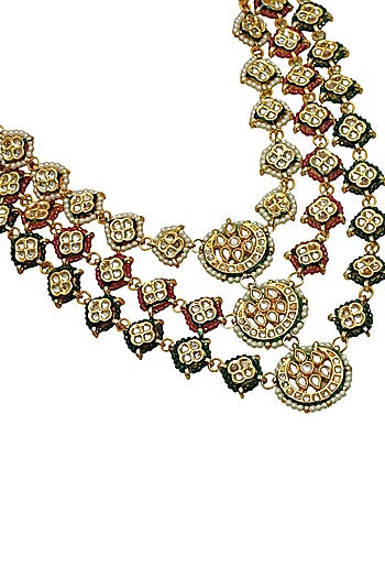 Gold Finish Green Semi-Precious Stone & Kundan Polki Long Necklace Set
