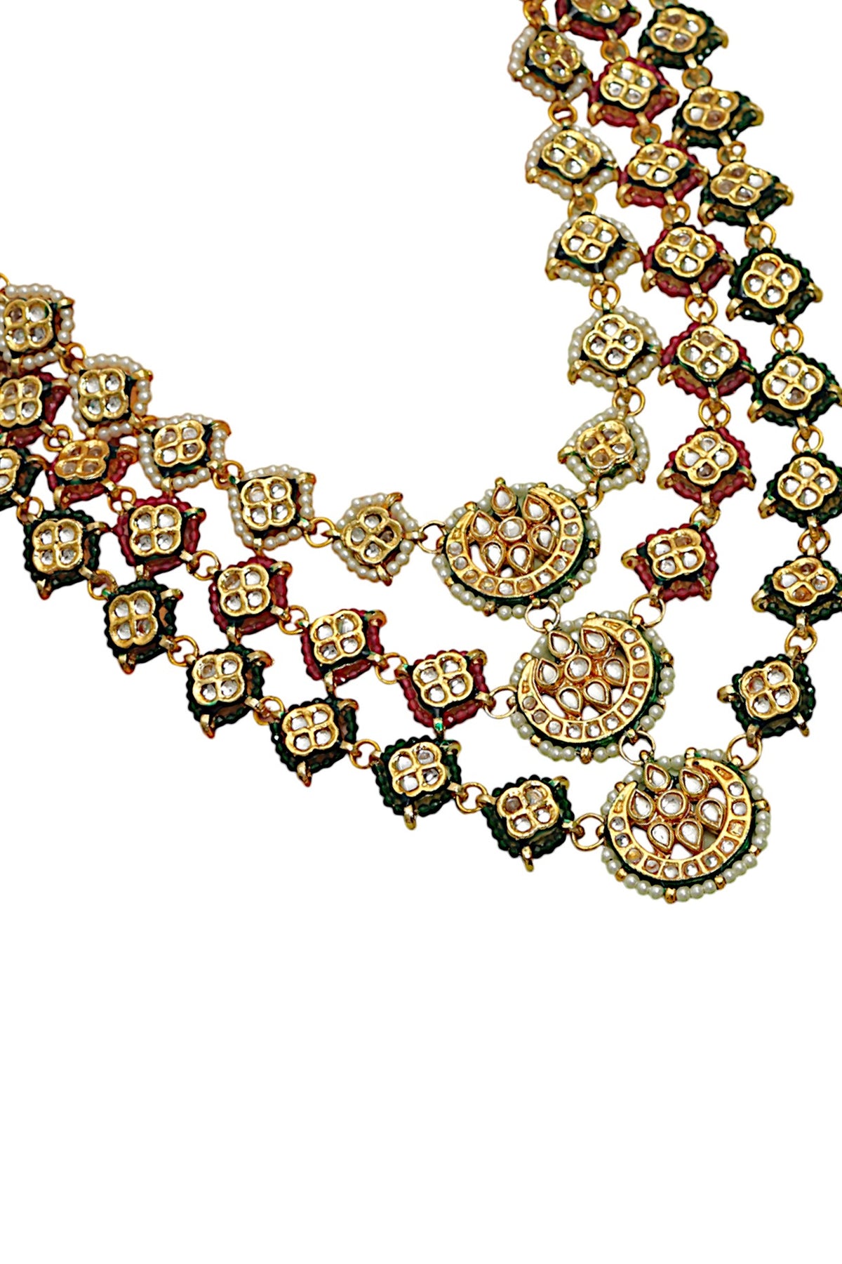 Gold Finish Green Semi-Precious Stone & Kundan Polki Long Necklace Set
