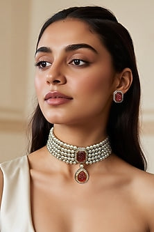 Two Tone Finish CZ Stone & Glass Pearl Choker Necklace Set