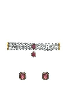 Two Tone Finish CZ Stone & Glass Pearl Choker Necklace Set