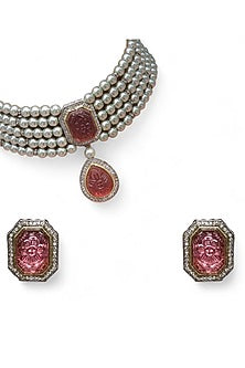 Two Tone Finish CZ Stone & Glass Pearl Choker Necklace Set