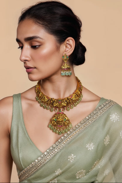 Gold Finish Multi-Colored Semi-Precious Stone & Kundan Polki Temple Necklace Set
