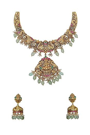 Gold Finish Multi-Colored Semi-Precious Stone & Kundan Polki Temple Necklace Set