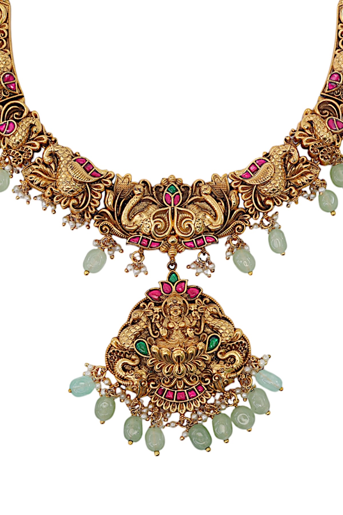 Gold Finish Multi-Colored Semi-Precious Stone & Kundan Polki Temple Necklace Set