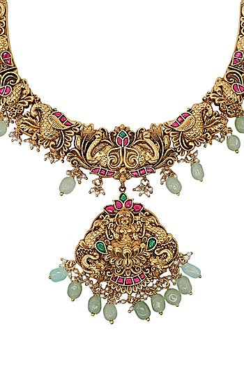 Gold Finish Multi-Colored Semi-Precious Stone & Kundan Polki Temple Necklace Set