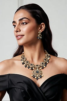 Gold Finish Blue Semi-Precious Stone & Kundan Polki Necklace Set