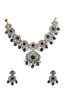 Gold Finish Blue Semi-Precious Stone & Kundan Polki Necklace Set