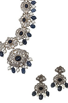 Gold Finish Blue Semi-Precious Stone & Kundan Polki Necklace Set