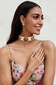 Gold Finish Red Semi-Precious Stone & Kundan Polki Choker Necklace Set