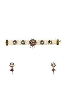 Gold Finish Red Semi-Precious Stone & Kundan Polki Choker Necklace Set