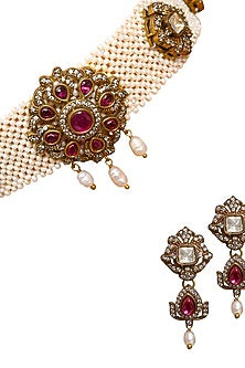 Gold Finish Red Semi-Precious Stone & Kundan Polki Choker Necklace Set