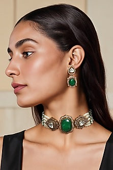 Gold Finish Green Kundan Polki & Semi-Precious Stone Choker Necklace Set