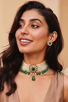 Gold Finish Green Kundan Polki & Semi-Precious Stone Choker Necklace Set