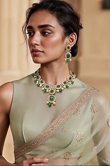 Gold Finish Green Kundan Polki & Semi-Precious Stone Necklace Set