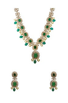 Gold Finish Green Kundan Polki & Semi-Precious Stone Necklace Set