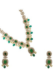Gold Finish Green Kundan Polki & Semi-Precious Stone Necklace Set
