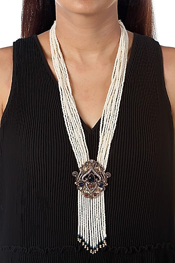 Two Tone Finish Faux Pearl Long Necklace