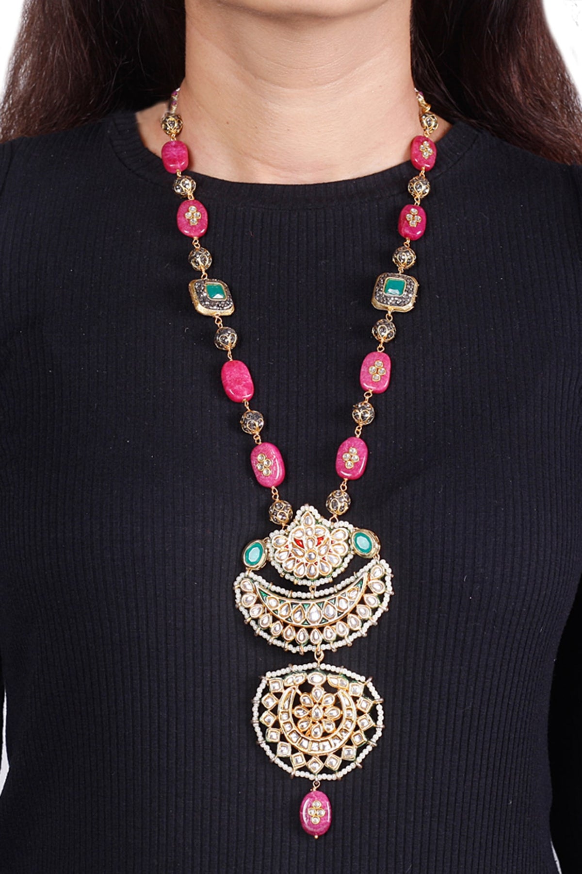 Two Tone Finish Semi Precious Stone Long Necklace