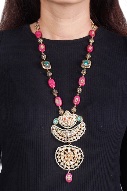 Two Tone Finish Semi Precious Stone Long Necklace