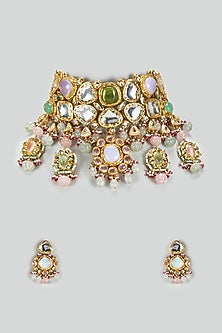 Gold Finish Kundan Polki & Semi-Precious Stone Choker Necklace Set
