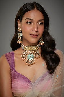 Gold Finish Kundan Polki & Semi-Precious Stone Necklace Set
