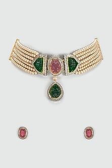 Two-Tone Finish Kundan Polki & Semi-Precious Stone Choker Necklace Set