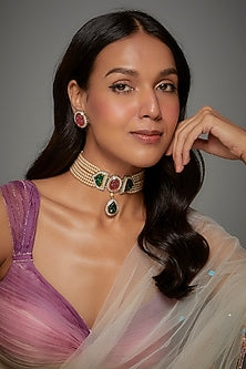 Two-Tone Finish Kundan Polki & Semi-Precious Stone Choker Necklace Set