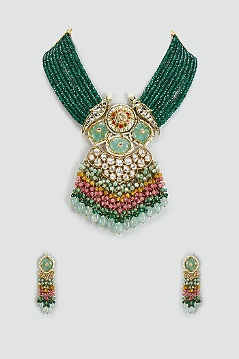 Gold Finish Kundan Polki & Semi-Precious Stone Necklace Set