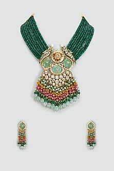Gold Finish Kundan Polki & Semi-Precious Stone Necklace Set