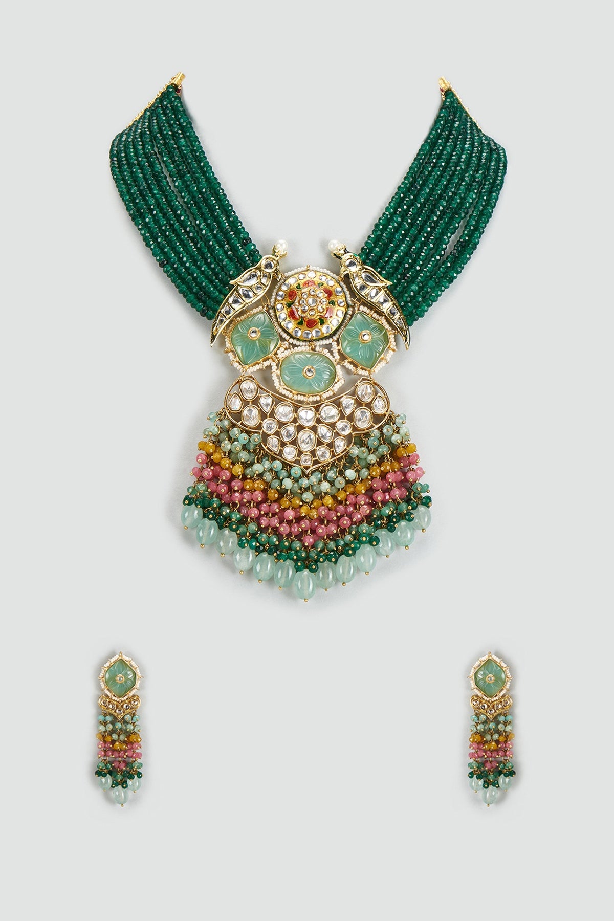 Gold Finish Kundan Polki & Semi-Precious Stone Necklace Set