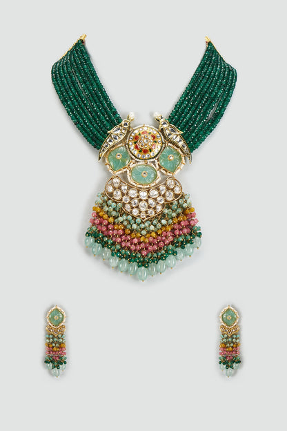 Gold Finish Kundan Polki & Semi-Precious Stone Necklace Set