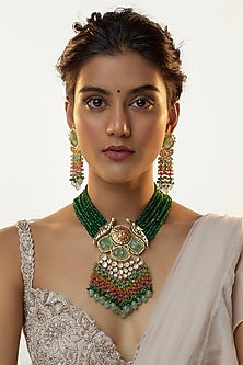 Gold Finish Kundan Polki & Semi-Precious Stone Necklace Set