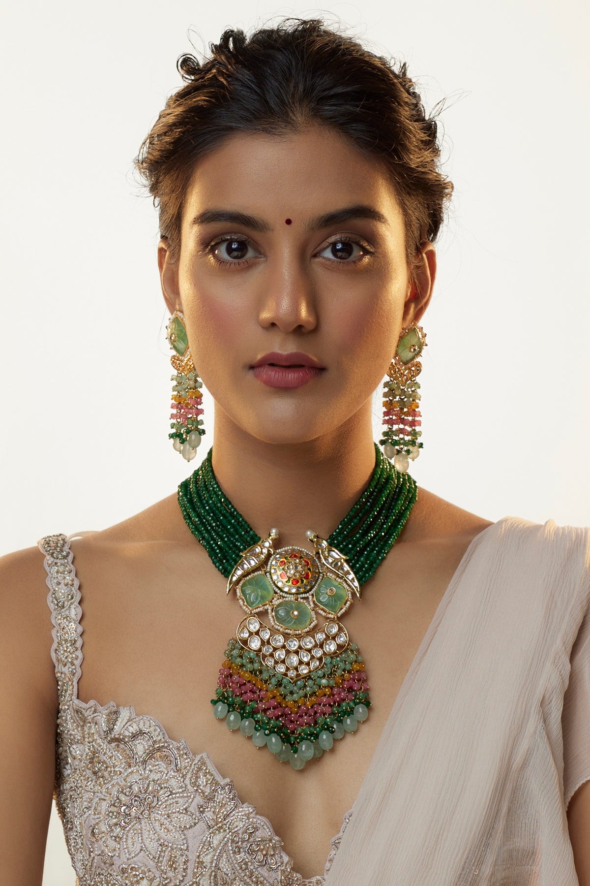 Gold Finish Kundan Polki & Semi-Precious Stone Necklace Set