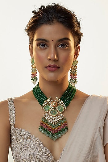 Gold Finish Kundan Polki & Semi-Precious Stone Necklace Set
