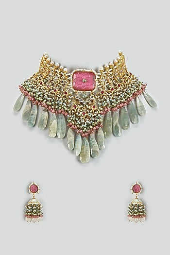 Gold Finish Kundan Polki & Semi-Precious Stone Necklace Set