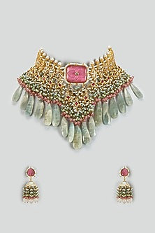 Gold Finish Kundan Polki & Semi-Precious Stone Necklace Set