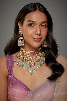 Gold Finish Kundan Polki & Semi-Precious Stone Necklace Set