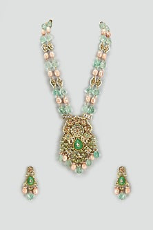 Gold Finish Kundan Polki & Semi-Precious Stone Long Necklace Set