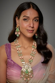 Gold Finish Kundan Polki & Semi-Precious Stone Long Necklace Set