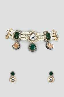 Two-Tone Finish Carved Stone & Pearl Choker Necklace Set