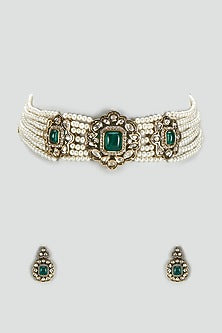 Gold Finish Kundan Polki & Semi-Precious Stone Choker Necklace Set