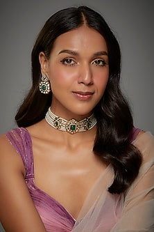 Gold Finish Kundan Polki & Semi-Precious Stone Choker Necklace Set