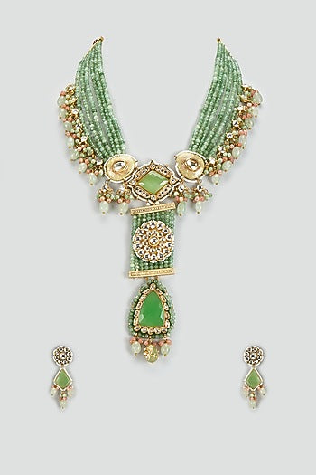 Gold Finish Kundan Polki & Semi-Precious Stone Necklace Set