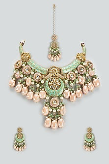 Gold Finish Kundan Polki & Semi-Precious Stone Necklace Set