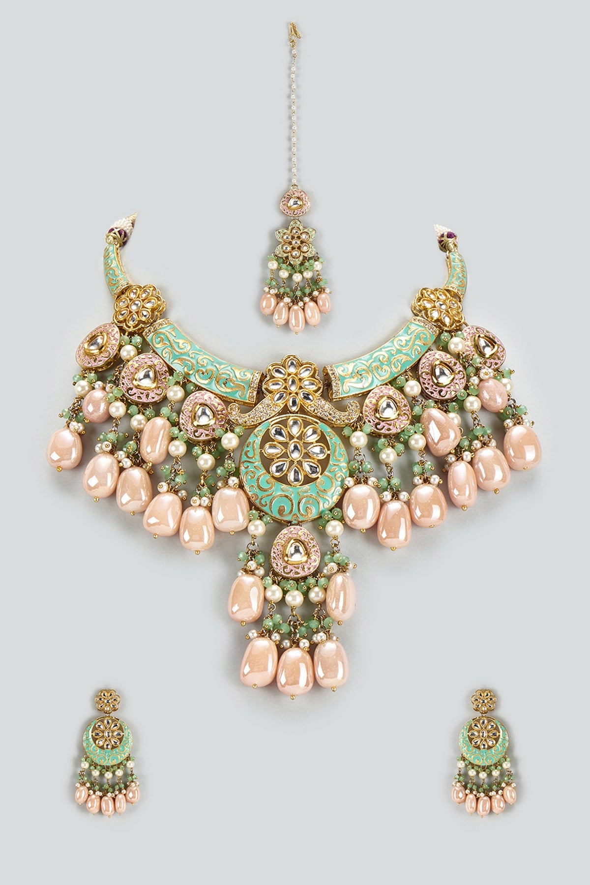 Gold Finish Kundan Polki & Semi-Precious Stone Necklace Set
