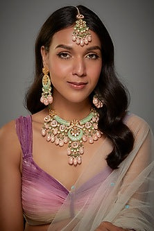 Gold Finish Kundan Polki & Semi-Precious Stone Necklace Set