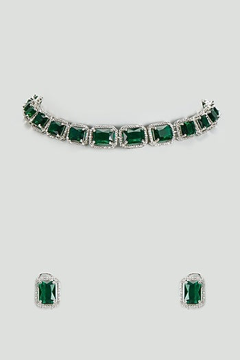 White Finish Green Stone & Zircon Choker Necklace Set